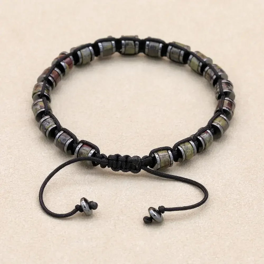 Men's and women's braided bracelet with natural stone hematite, dragon blood beads, and unakite, handcrafted jewelry for health and style.