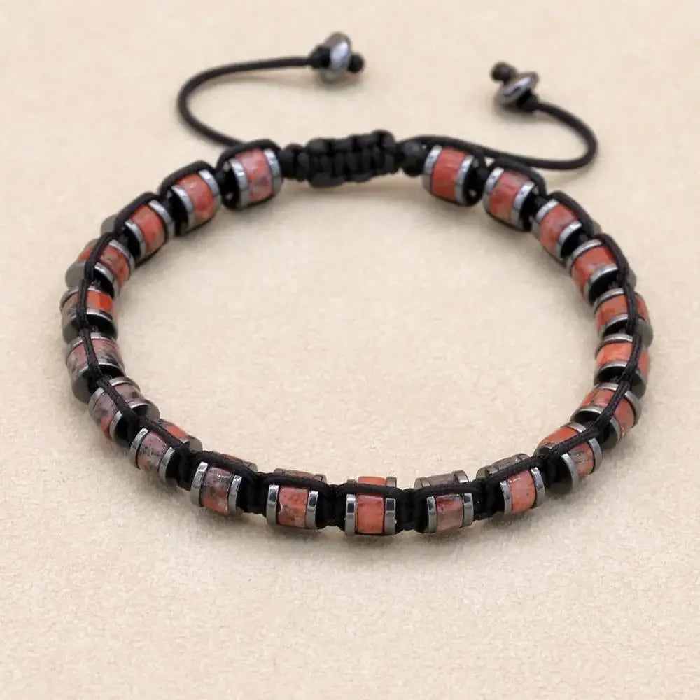 Men's and women's braided bracelet featuring natural hematite, dragon blood beads, and unakite stones, handmade jewelry for health and style.