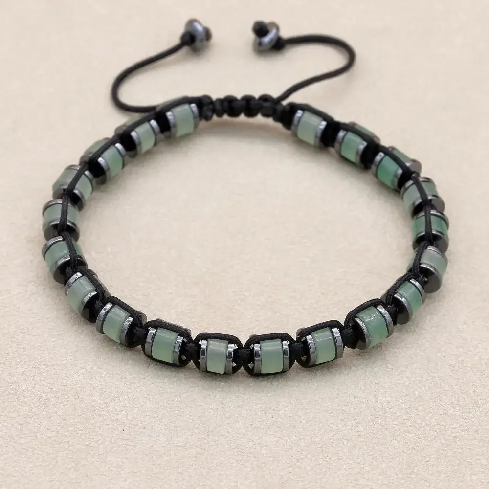 Men's and women's braided bracelet with natural hematite and dragon blood stone beads, handmade health jewelry for couples.