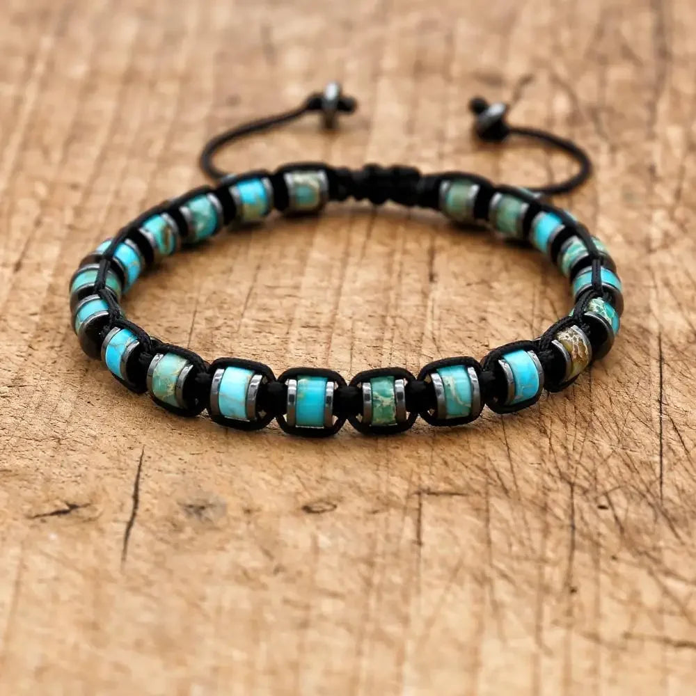 Men's and women's braided bracelet with natural hematite, dragon blood beads, and unakite stones, handmade health jewelry for couples.