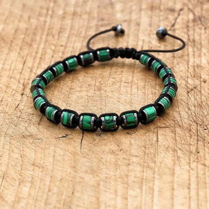Men's and women's braided bracelet with natural hematite, dragon blood stone beads, and handmade design for health and style.