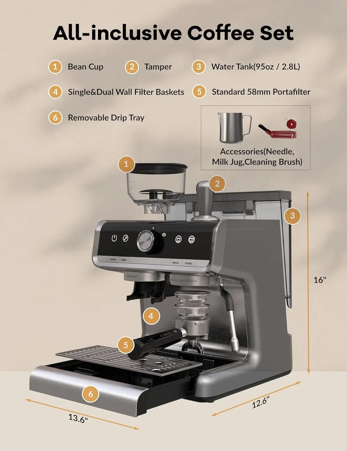 20 Bar espresso coffee machine with grinder, semi-automatic espresso maker for lattes and cappuccinos, ideal for coffee lovers.