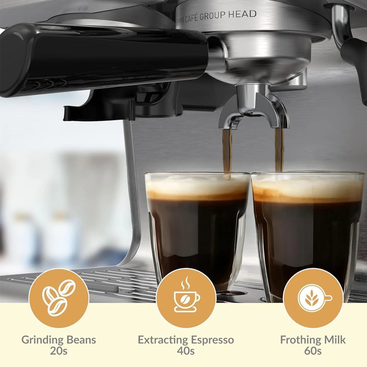 Semi-automatic 20-bar espresso coffee machine with grinder, 1450W, ideal for latte and cappuccino brewing.