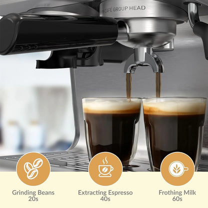 Semi-automatic 20-bar espresso coffee machine with grinder, 1450W, ideal for latte and cappuccino brewing.