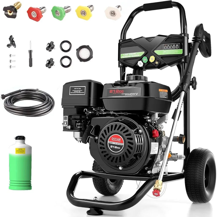 Gas pressure washer with 212cc engine, 4200 PSI, 4.0 GPM, includes soap tank and 5 quick-connect nozzles.