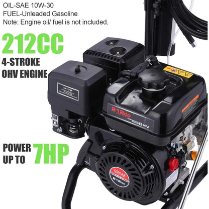 Gas pressure washer with 4200 PSI, 4.0 GPM, 212cc engine, 5 nozzles, soap tank, and durable build for heavy-duty cleaning.