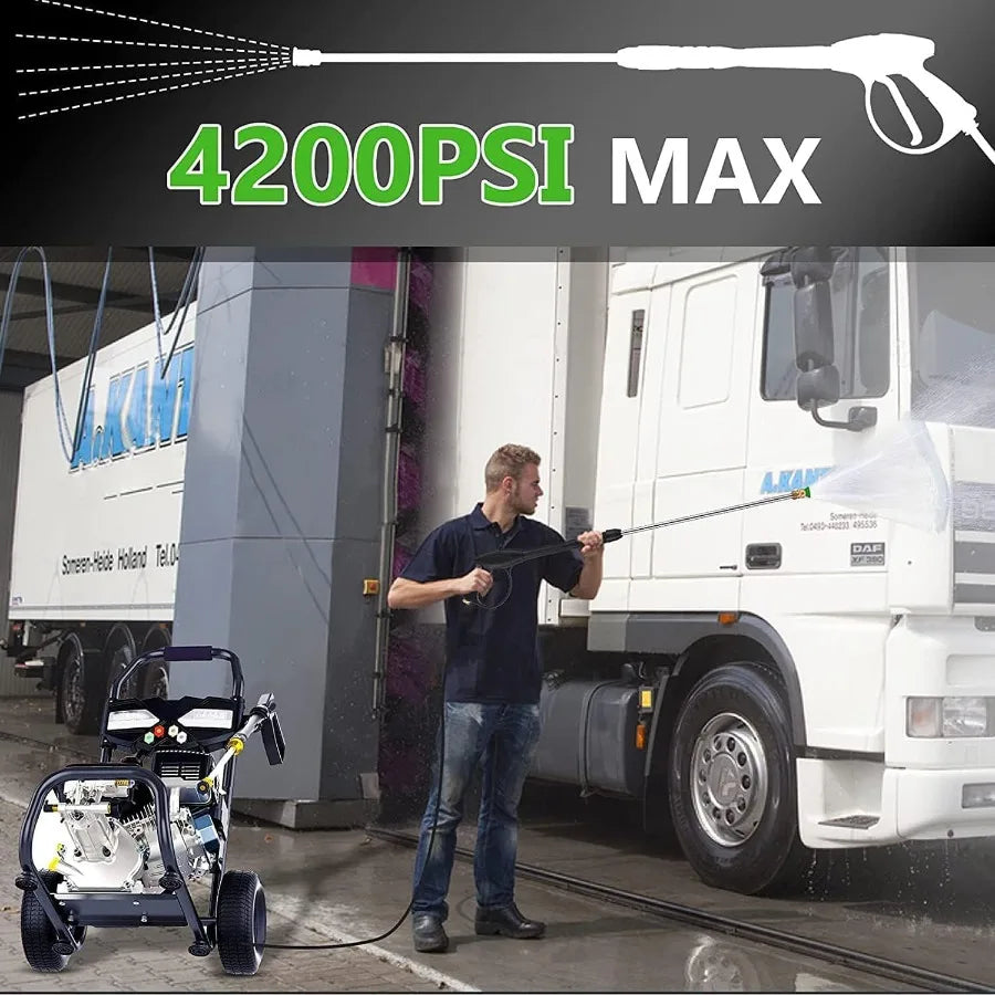 Gas pressure washer with 212cc engine, 4200 PSI, 4.0 GPM, includes soap tank and five quick-connect nozzles.