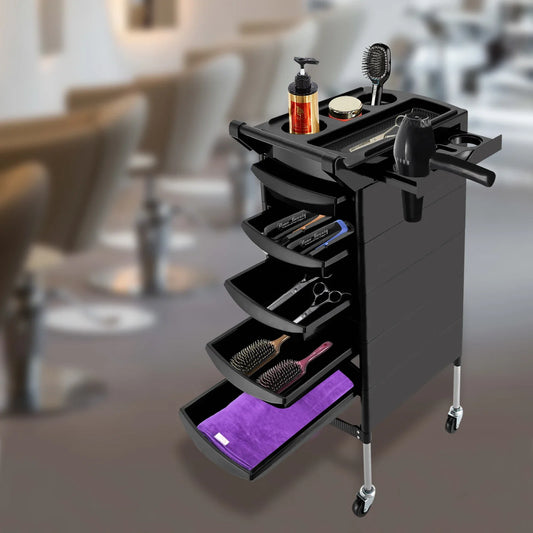 Beauty salon rolling trolley with five drawers and tool storage, mobile salon equipment cart for professional use