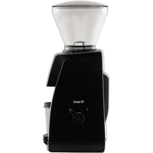 Black Encore ESP ZCG495BLK coffee grinder by BackupMyFilesNow.com, showing a sleek black metal finish and grinding mechanism.