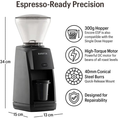 Black Encore ESP ZCG495BLK coffee grinder by BackupMyFilesNow.com, showing the sleek black design and grinding burrs.