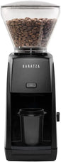 Black Encore ESP ZCG495BLK coffee grinder with sleek design, featuring a compact build and stainless steel burrs for precise grinding.