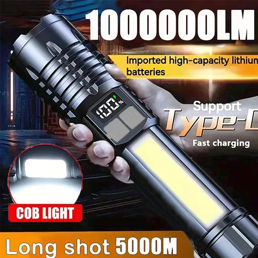 Black high-power LED flashlight with side light, rechargeable Type-C COB torch for outdoor camping and hiking adventures.