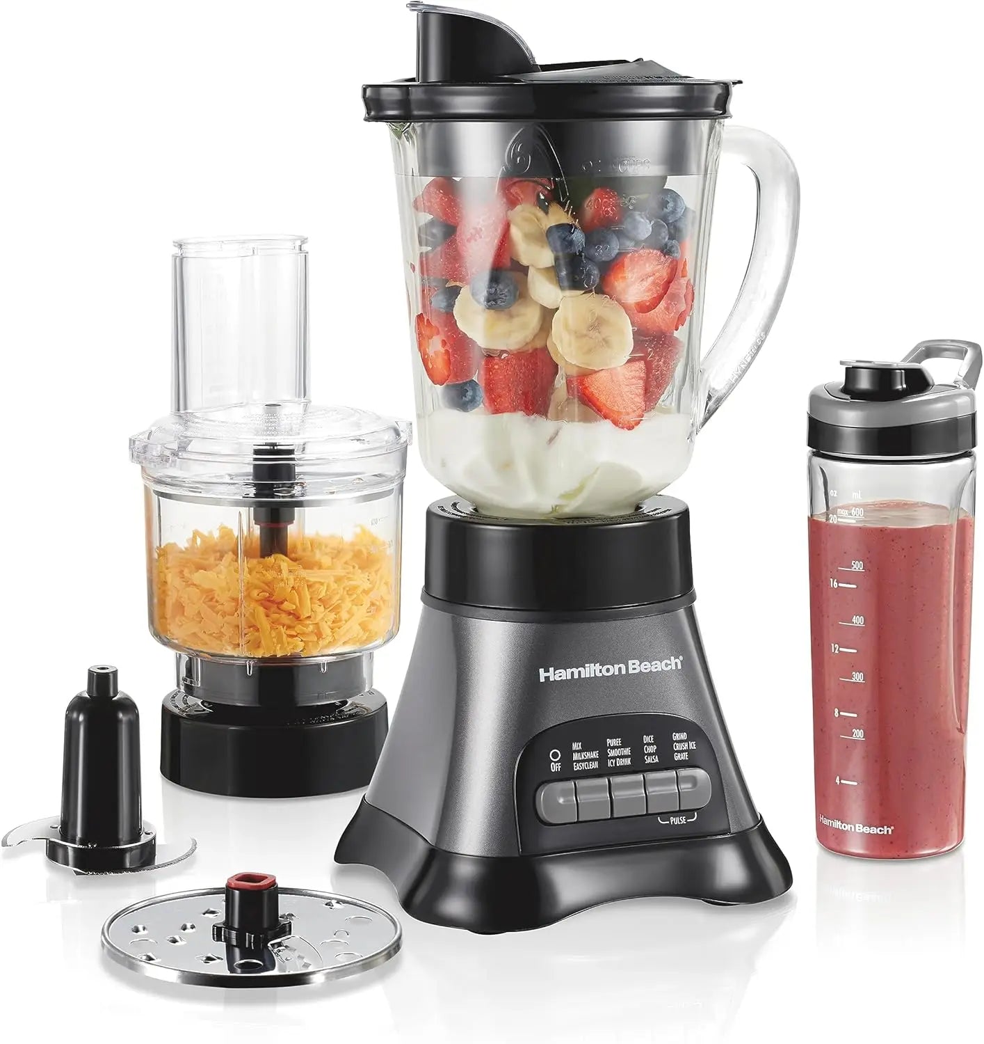Gray and black blender and food processor combo with 40oz glass jar, portable travel cup, and 3-cup electric chopper in a sleek design.