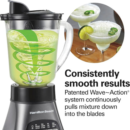 Gray and black blender and food processor combo with 40oz glass jar, portable travel cup, and 3-cup electric chopper, 700W power.