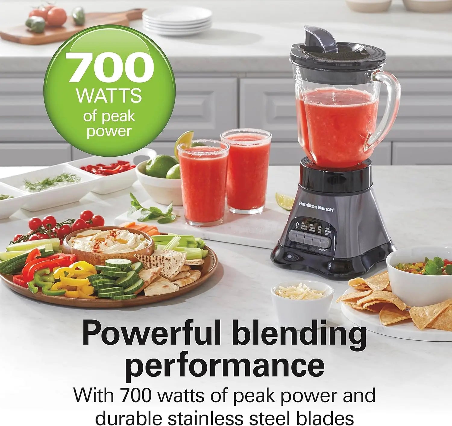 Gray and black blender and food processor combo with 40oz glass jar, portable travel cup, and 3-cup electric chopper, 700W power.