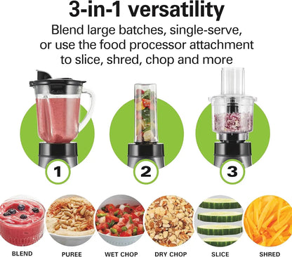 Gray and black blender and food processor combo with 40oz glass jar, portable travel cup, and 3-cup chopper, 700W power.