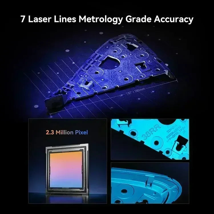 Creality CR-Scan Raptor 3D scanner with multiple-line blue NIR, 0.02mm accuracy, 60fps, anti-shake, and 24-bit color.
