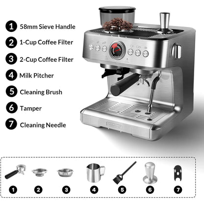 Espresso machine with grinder, 20 bar pressure, PID control, steam wand, milk frother, large water tank, for home use.