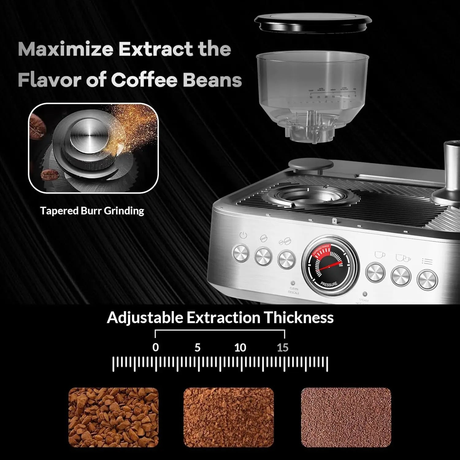 Espresso machine with grinder, 20 bar pump, PID control, milk frother, steam wand, and 95 oz water tank for home brewing.