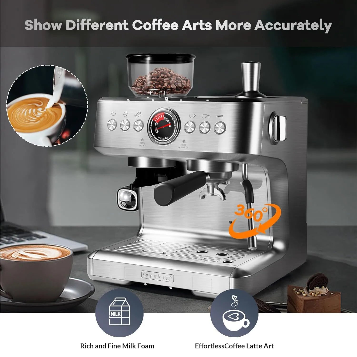 Espresso machine with grinder, 20-bar pressure, PID control, milk frother, steam wand, 95oz water tank for home use.