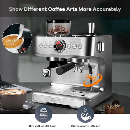 Espresso machine with grinder, 20-bar pressure, PID control, milk frother, steam wand, 95oz water tank for home use.