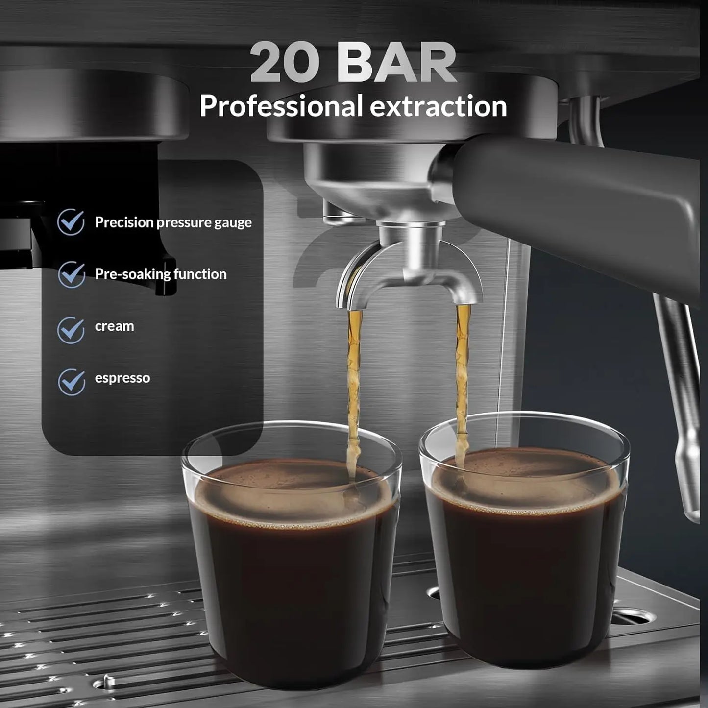 BackupMyFilesNow.com espresso machine with built-in grinder, 20 bar pressure, milk frother, steam wand, and 95oz water tank for home use.