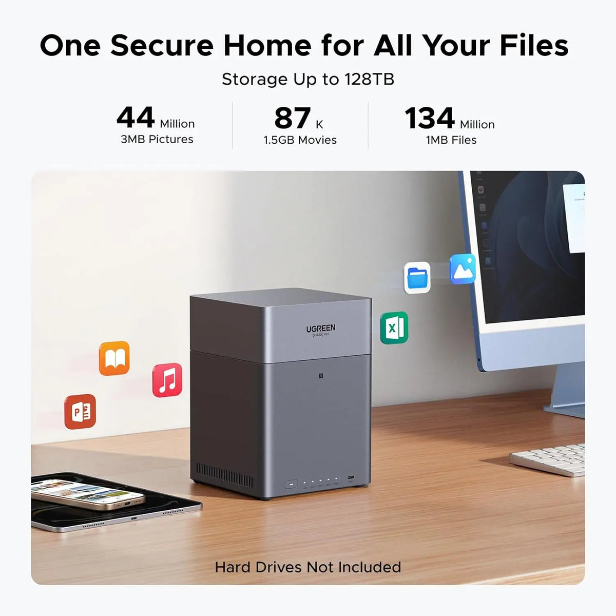 BACKUPMYFILESNOW.COM NAS DH4300 Plus 4-Bay desktop NAS with 8GB RAM, diskless, supports 128TB, remote access, AI photo album, beginner friendly