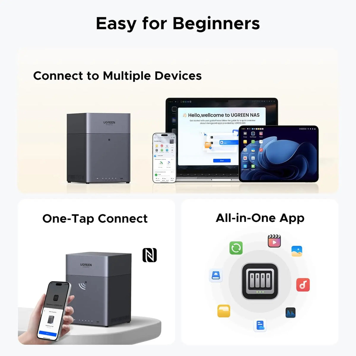 BACKUPMYFILESNOW.COM NAS DH4300 Plus 4-Bay Desktop NAS with diskless setup, remote access, AI photo album, and 8GB RAM.