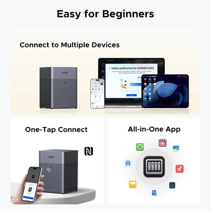BACKUPMYFILESNOW.COM NAS DH4300 Plus 4-Bay Desktop NAS with diskless setup, remote access, AI photo album, and 8GB RAM.