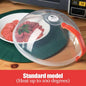 Transparent microwave splash cover with handle, steam vent, high-temperature resistant guard lid for food heating.