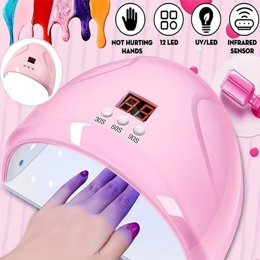 Pink USB nail phototherapy machine with 12 UV LEDs, 36W light curing for gel nails and nail art, infrared sensor for easy use.