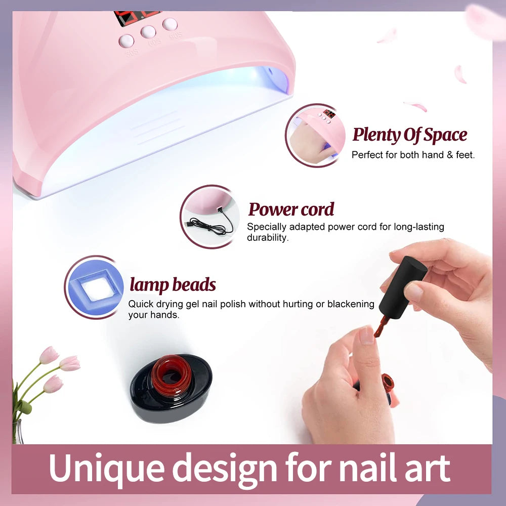 Pink USB nail phototherapy machine with 12 UV LEDs, 36W gel curing light and infrared sensor for professional nail art and gel polish.