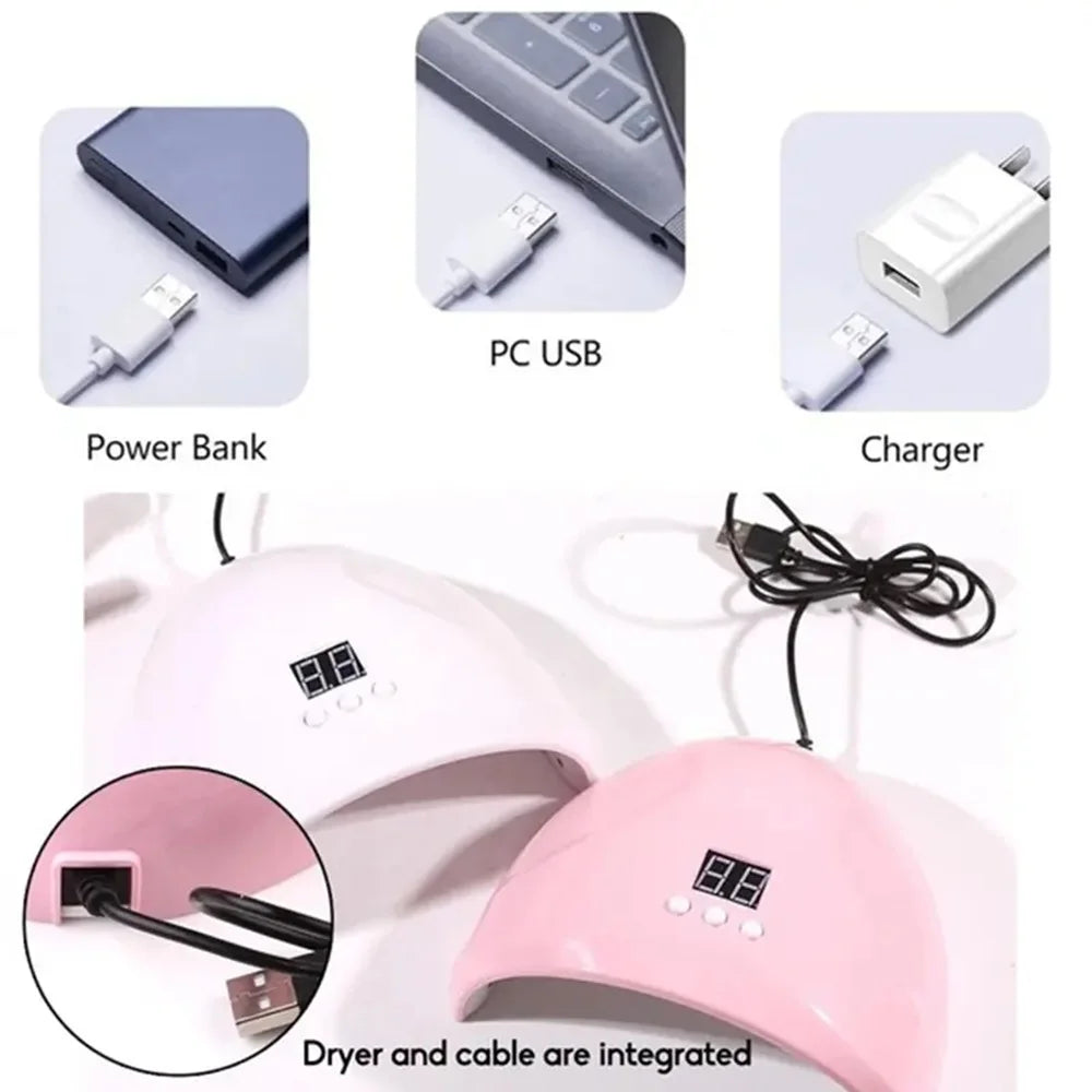 Pink USB nail phototherapy machine with 12 UV LEDs, 36W light curing lamp for gel polish and nail art, infrared sensor.