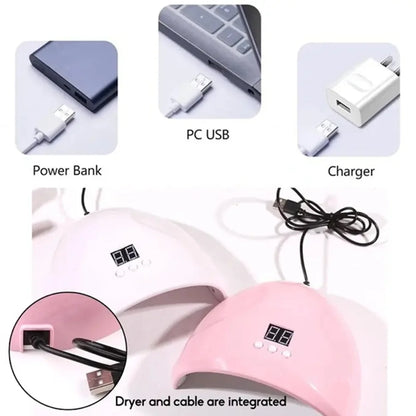 Pink USB nail phototherapy machine with 12 UV LEDs, 36W light curing lamp for gel polish and nail art, infrared sensor.