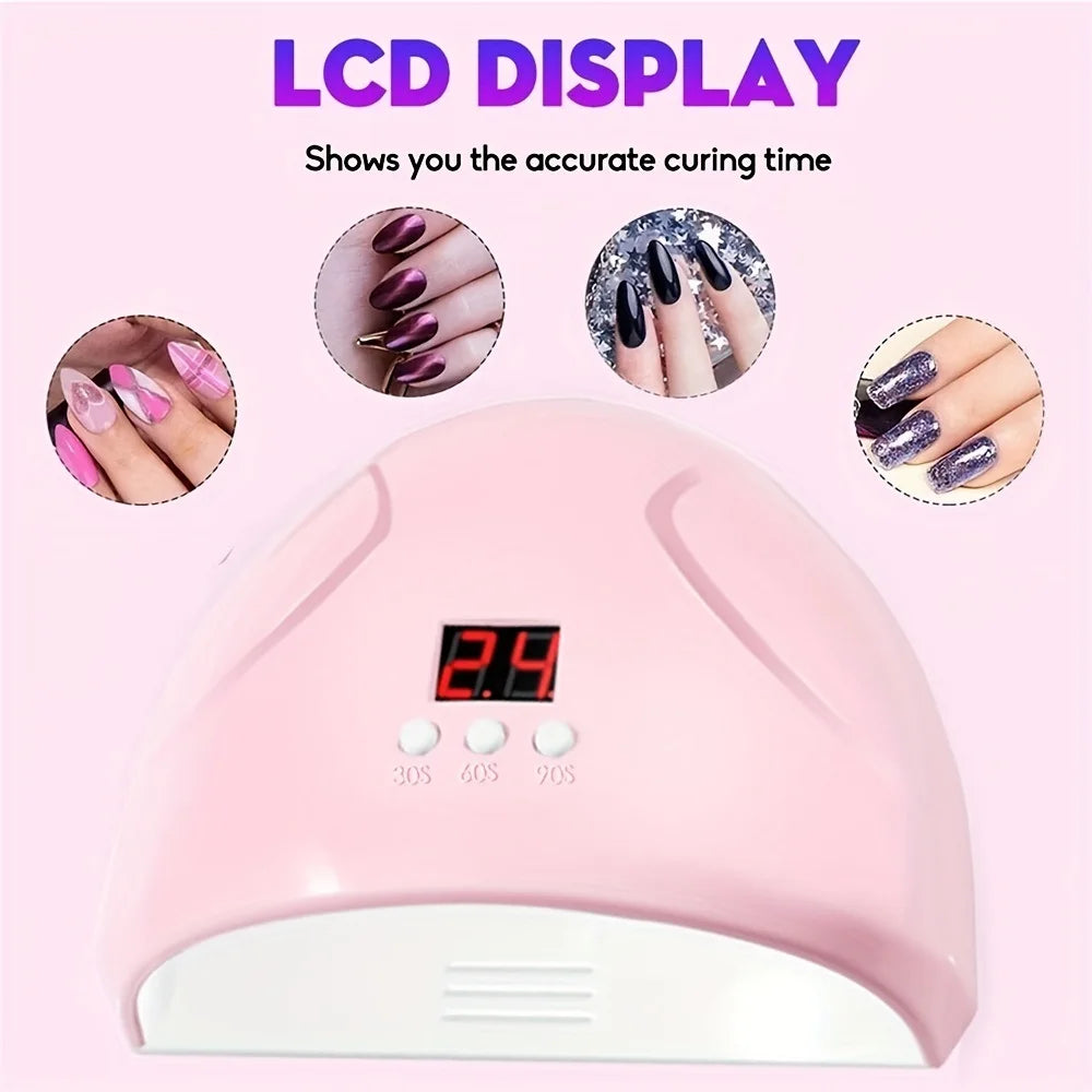 Pink USB nail phototherapy machine with 12 UV LEDs, 36W curing light, infrared sensor, ideal for gel nail art and polish curing.