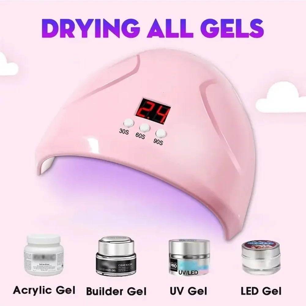 Pink USB nail phototherapy machine with 12 UV LEDs, 36W nail lamp for curing gel polish and nail art, infrared sensor.