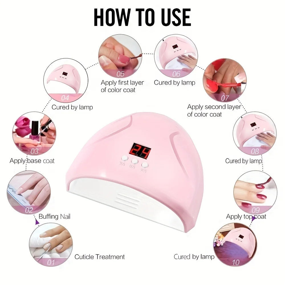 Pink USB nail phototherapy machine with 12 UV LEDs, 36W light curing lamp for gel nails and nail art, infrared sensor.