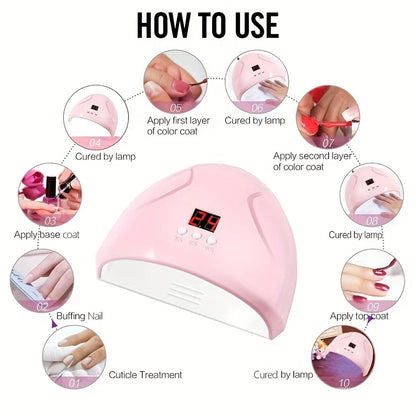 Pink USB nail phototherapy machine with 12 UV LEDs, 36W light curing lamp for gel nails and nail art, infrared sensor.