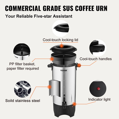 Stainless steel SucceBuy 50-cup commercial coffee urn with electric 1000W heater, large coffee dispenser for quick brewing.