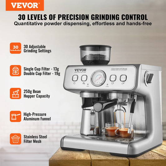 SucceBuy espresso machine with grinder, 15-bar semi-automatic coffee maker, milk frother, steam wand, black finish