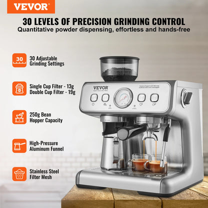 SucceBuy espresso machine with grinder, 15 bar semi-automatic coffee maker, milk frother, steam wand, black finish.