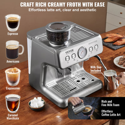 SucceBuy espresso machine with grinder, 15 bar semi-automatic coffee maker, milk frother and steam wand for espresso brewing.