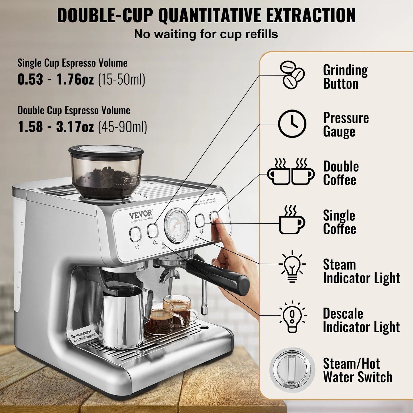 SucceBuy espresso machine with grinder, 15 bar semi-automatic coffee maker, milk frother, steam wand, compact kitchen appliance