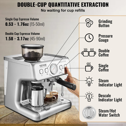 SucceBuy espresso machine with grinder, 15 bar semi-automatic coffee maker, milk frother, steam wand, compact kitchen appliance