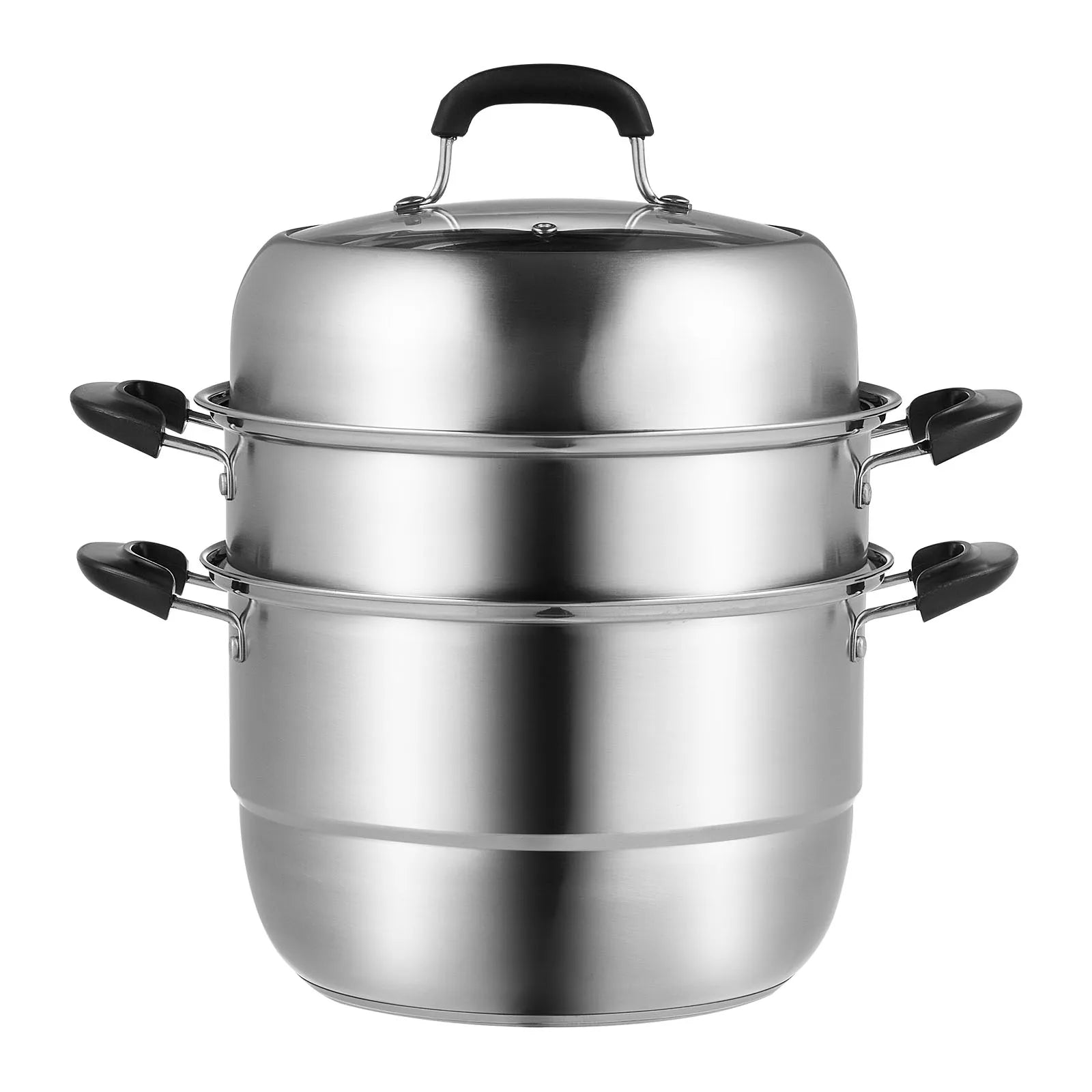 SucceBuy 11-inch stainless steel 3-tier steamer pot with 8.5QT stock pot for cooking and steaming food.