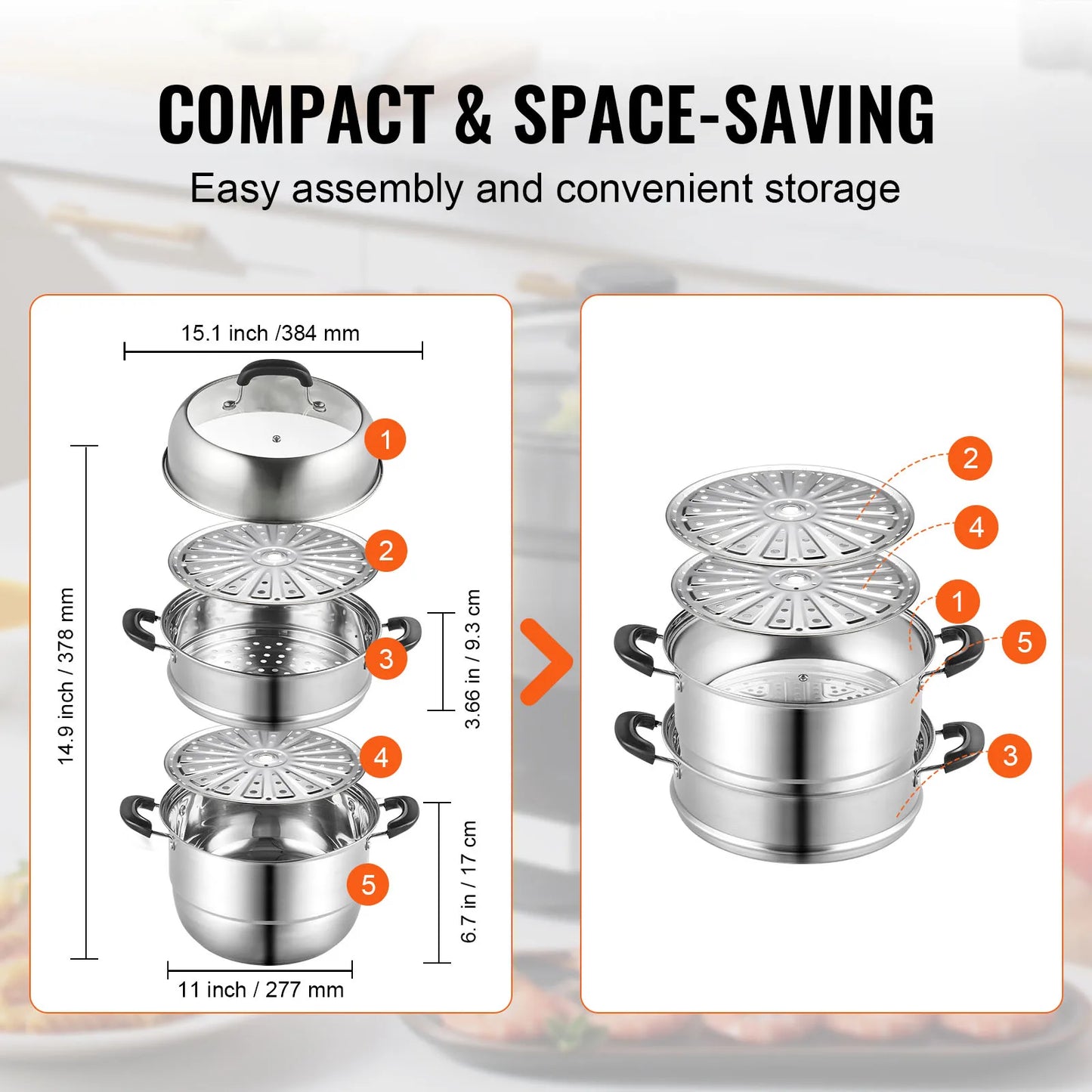 SucceBuy Steamer Pot 11-inch with 3 tiers and 8.5QT stainless steel stock pot for steaming and cooking food.