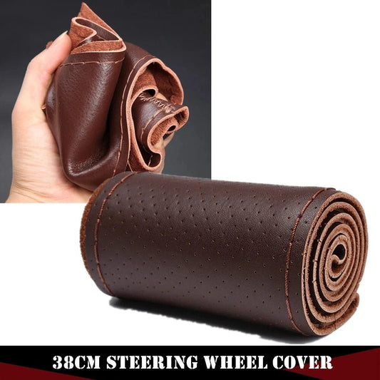 Universal Braid Leather Steering Wheel Cover, 38cm, genuine cowhide leather with hand sewing needles and thread, for car steering wheels.