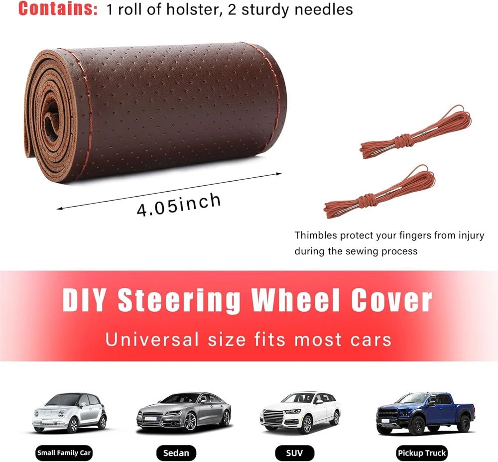 Universal braid steering wheel cover in genuine cowhide leather, 38cm, with hand sewing needles and thread for custom fitting.