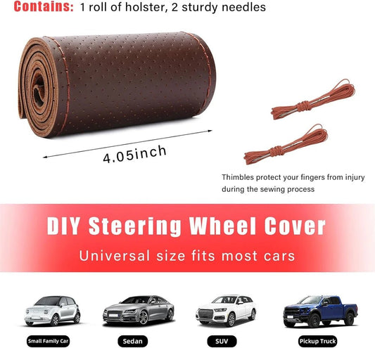 Universal braid steering wheel cover in genuine cowhide leather, 38cm, with hand sewing needles and thread for custom fitting.