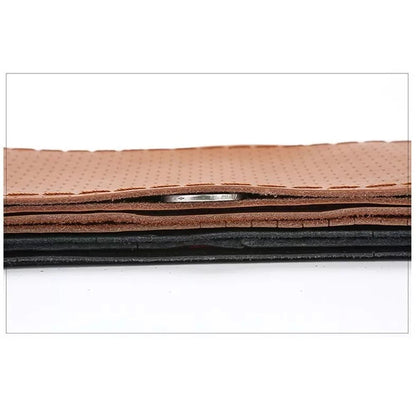 Universal 38cm leather braid steering wheel cover with genuine cowhide, hand-sewn with needles and thread for a stylish upgrade.